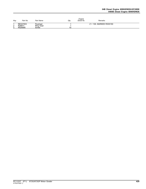 John Deere 870G, 872GP Graders (SN F656526-) Parts Catalog Manual - PC11237