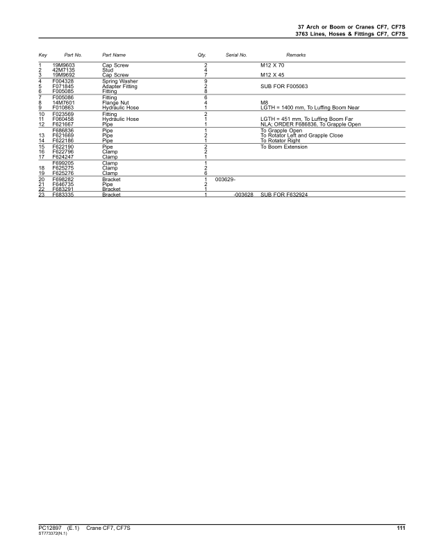 John Deere CF7 Crane Attachments Parts Catalog Manual - PC12897