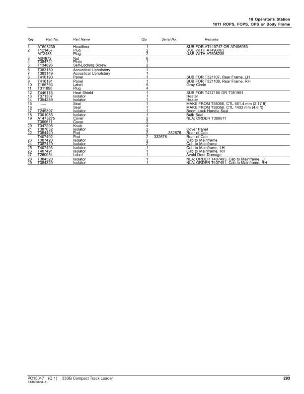 John Deere 333G Skid Steers (SN 1T0333G_F300253-) Parts Catalog Manual ...