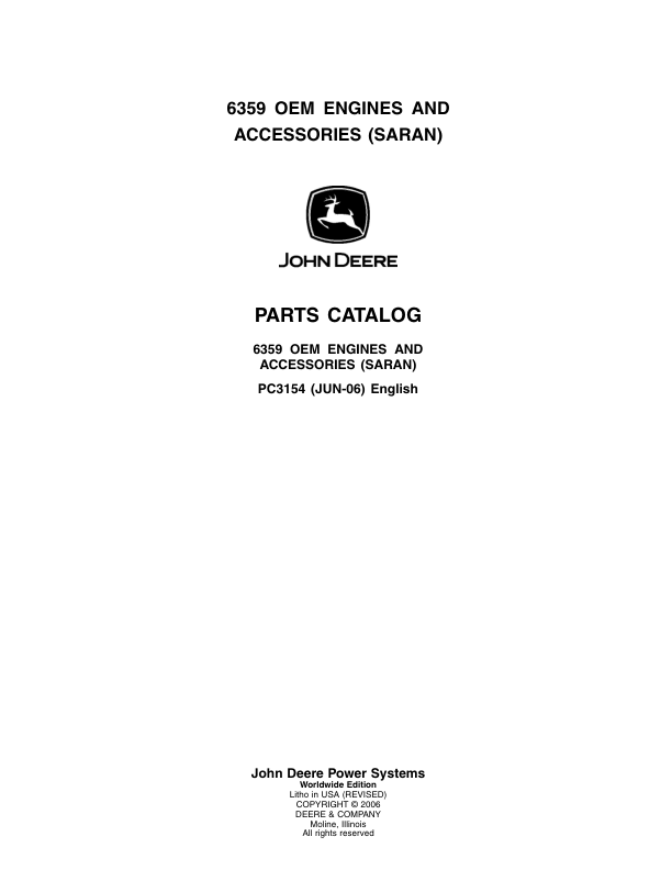 John Deere 6359 Engines Parts Catalog Manual - PC3154