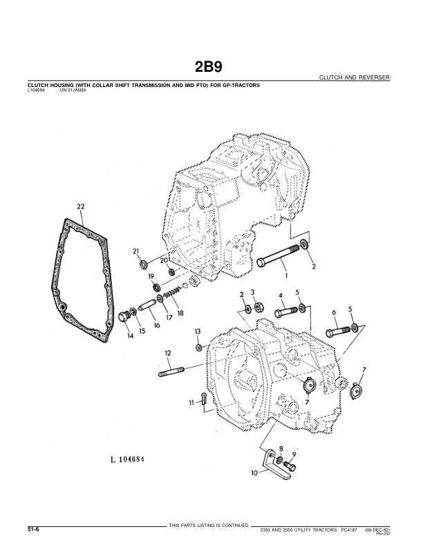 John Deere 2350, 2550 Tractors Parts Catalog Manual - PC4187