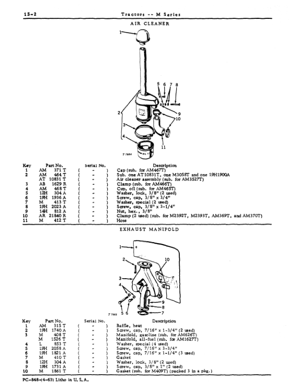 John Deere M Series (Model M, MC, MT) Tractors Parts Catalog Manual - PC848