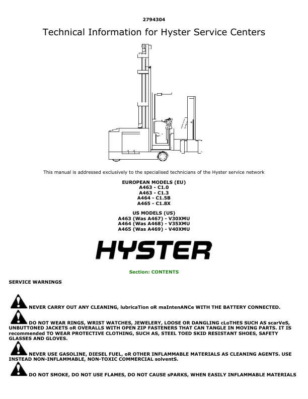 Hyster C1.0, C1.3, V30XMU Man-Up Turret Trucks A463 Series Repair Manual_1