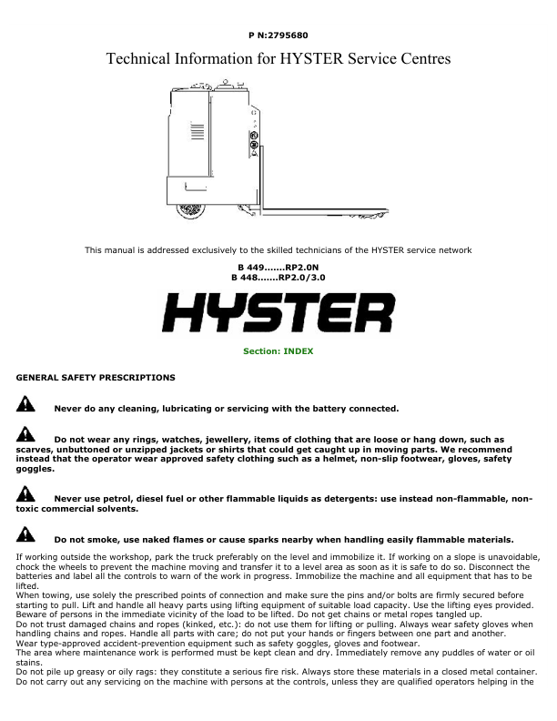 Hyster RP2.0, RP3.0, RP2.0N Electric Pallet Truck B448 Series Repair Manual_1