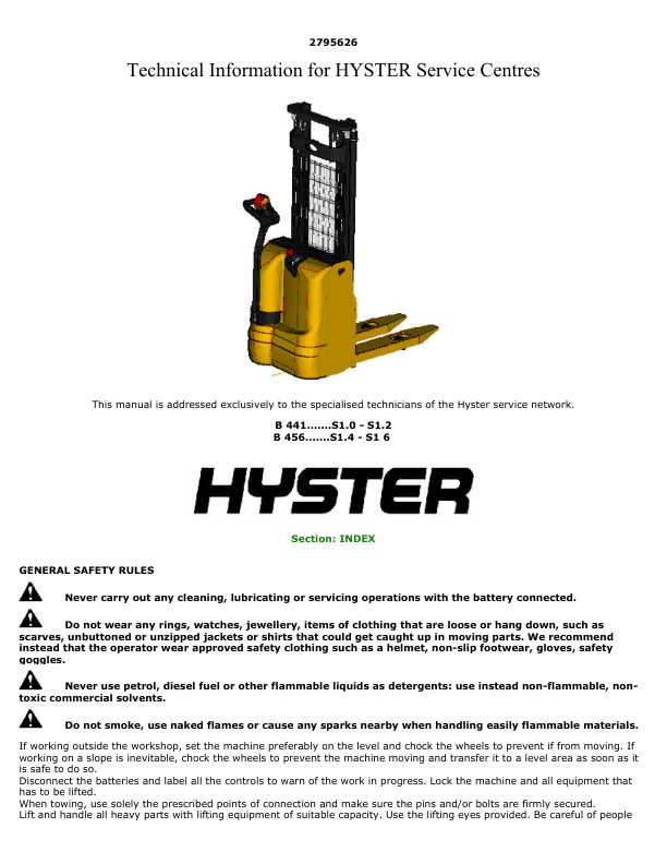 Hyster S1.0, S1.2 Electric Pedestrian Stacker B441 Series Repair Manual_1