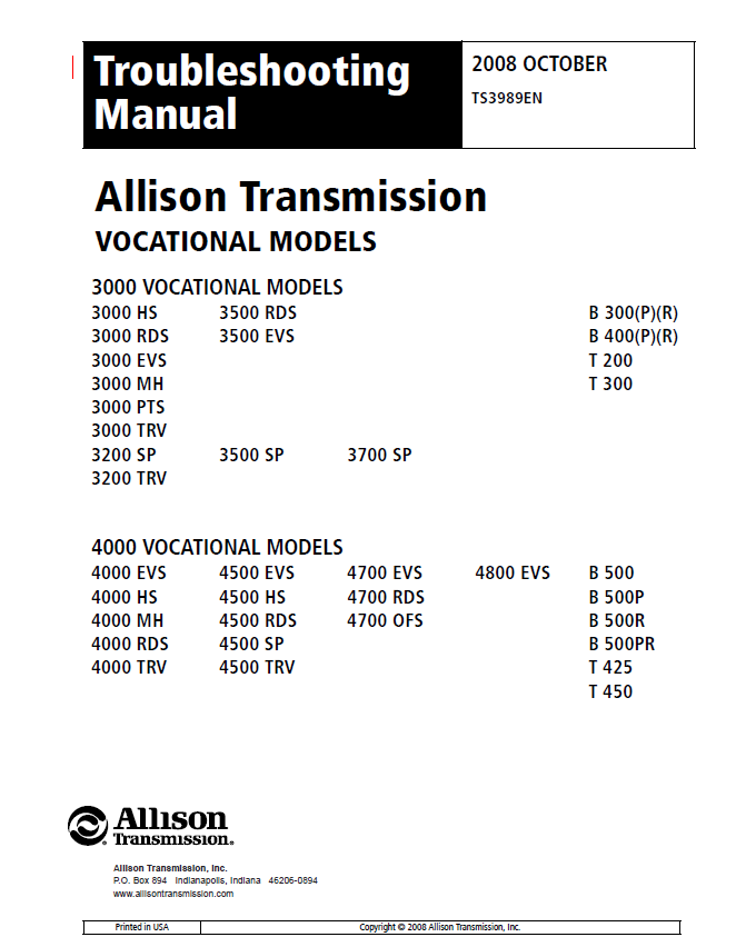 Allison 3000 and 4000 Series Transmission Parts & Repair Manual