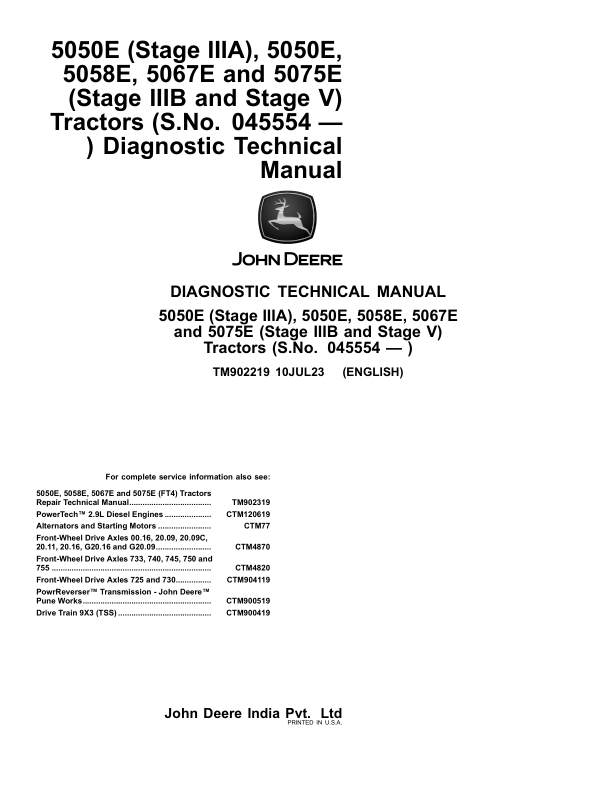 John Deere 5050E (Stage IIIA), 5050E, 5058E, 5067E, 5075E (Stage IIIB, Stage V) Tractors Repair Manual (045554-)