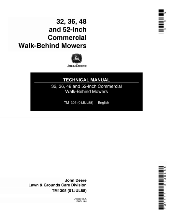 John Deere 32, 36, 48, 52 inch Commercial Walk Behind Mowers Repair Manual TM1305