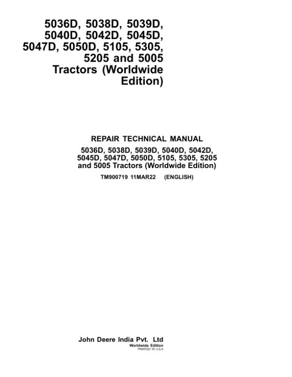 John Deere 5005, 5105, 5205, 5305 Tractors Repair Manual