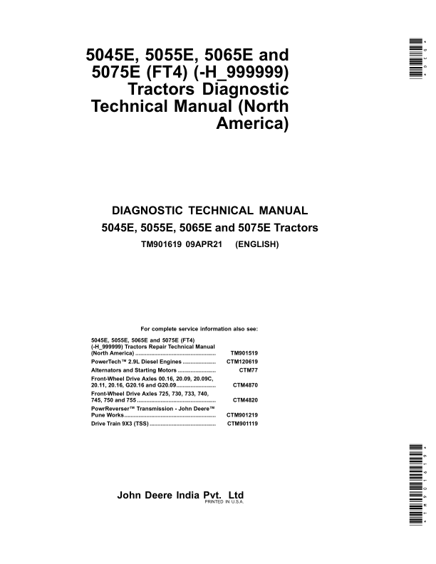 John Deere 5045E, 5055E, 5065E, 5075E (FT4) Tractors Repair Manual (S.N 000001-748240)_TM901619.pdf_page1