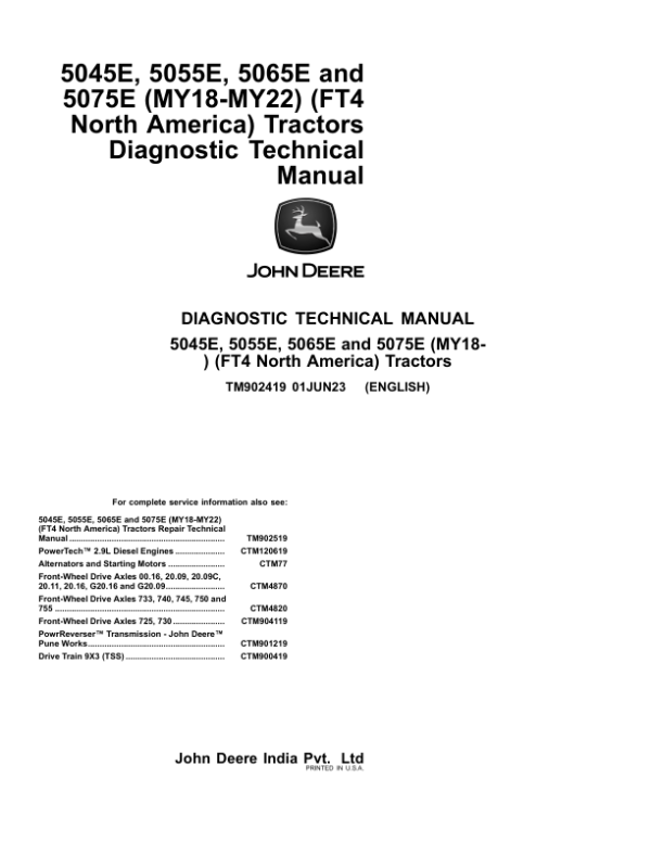 John Deere 5045E, 5055E, 5065E, 5075E Tractors Repair Manual (N.A - MY18-MY22 - FT4)