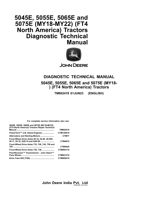 John Deere 5045E, 5055E, 5065E, 5075E Tractors Repair Manual (N.A – MY18-MY22 – FT4)