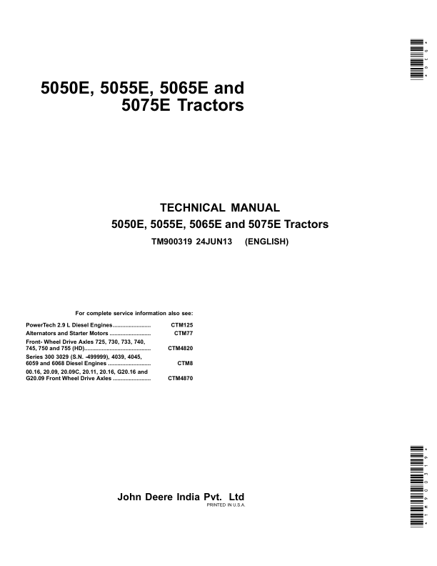John Deere 5050E, 5055E, 5065E, 5075E Tractors Repair Manual (TM900319 – Europe)
