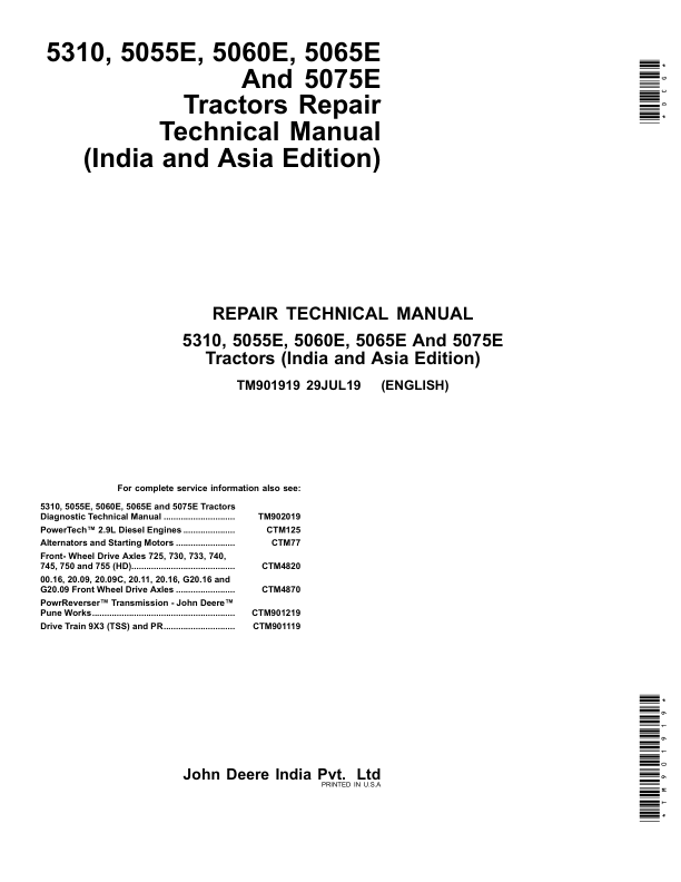 John Deere 5055E, 5060E, 5065E, 5075E Tractors Repair Manual (Asia, India)