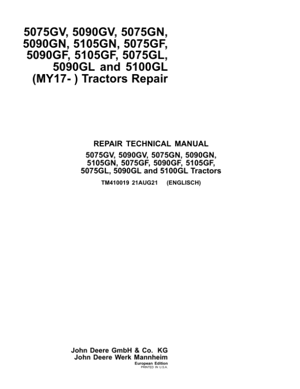 John Deere 5075GV, 5075GN, 5075GF, 5075GL Tractors Repair Manual (MY17-19, F5D-IT4 Engine)