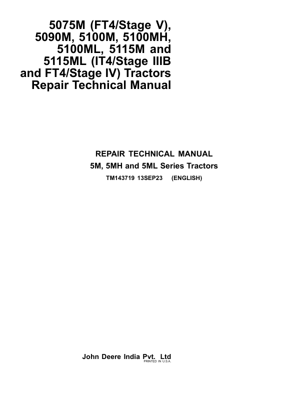 John Deere 5075M (FT4 – Stage V) Tractors Repair Manual (N.A)