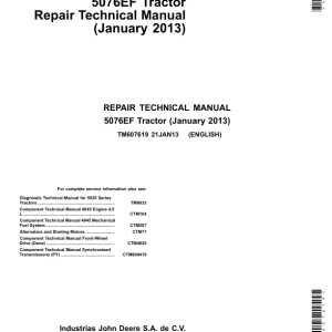 John Deere 5076EF Tractor Diagnostic Repair Manual (TM607619 & TM609719)