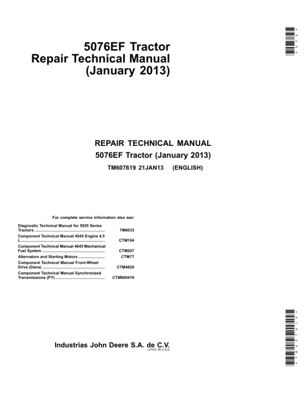 John Deere 5076EF Tractor Diagnostic Repair Manual (TM607619 & TM609719)