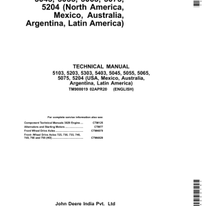 John Deere 5103, 5203, 5204, 5303, 5403, 5503 Tractors Repair Manual