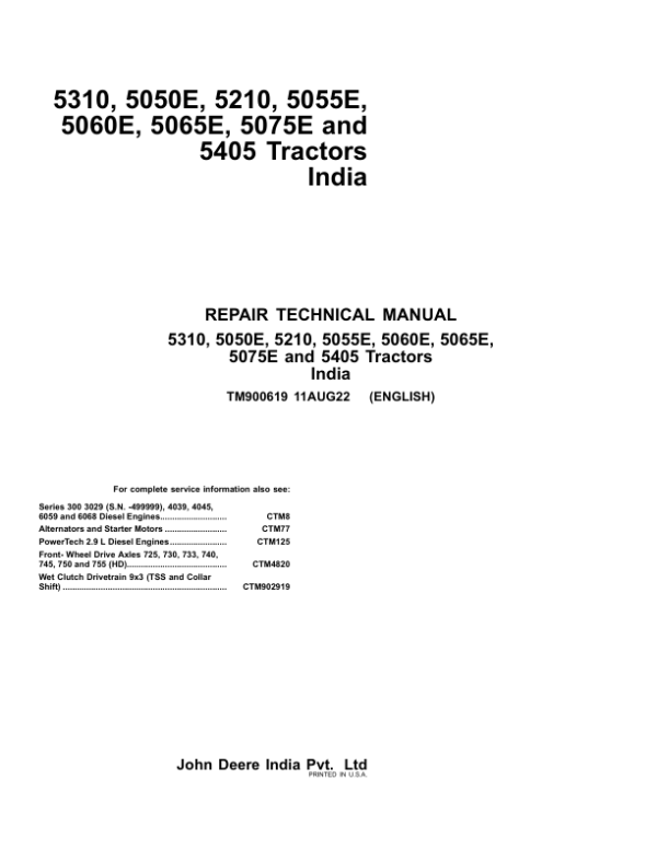 John Deere 5310, 5050E, 5210, 5055E, 5060E, 5065E, 5075E, 5405 Tractors Repair Manual (India)