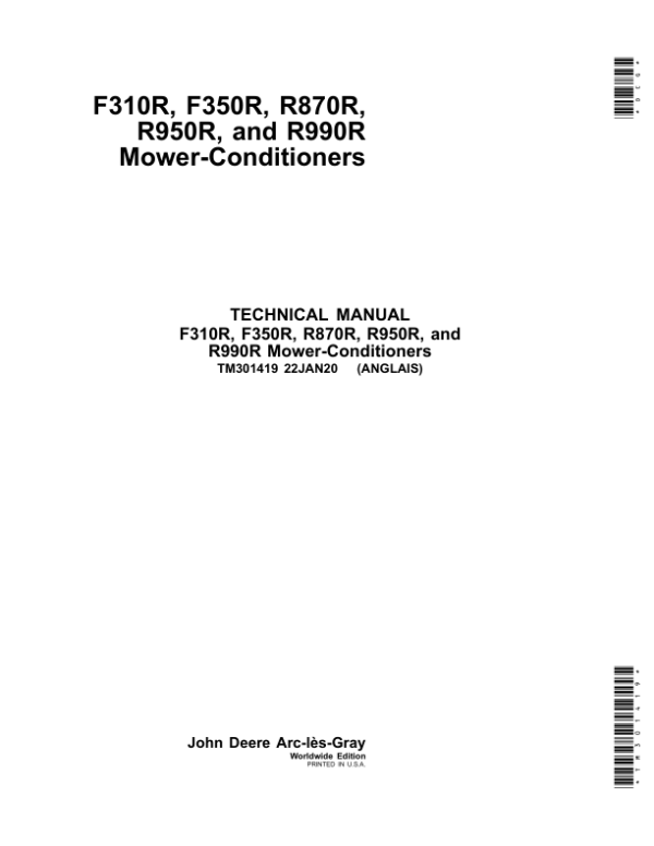 John Deere F310R, F350R, R870R, R950R, R990R Mower Conditioners Repair Manual TM3101419