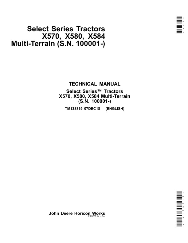 John Deere X570, X580, X584 Lawn Tractors Repair Manual (S.N. 100001-) TM138819