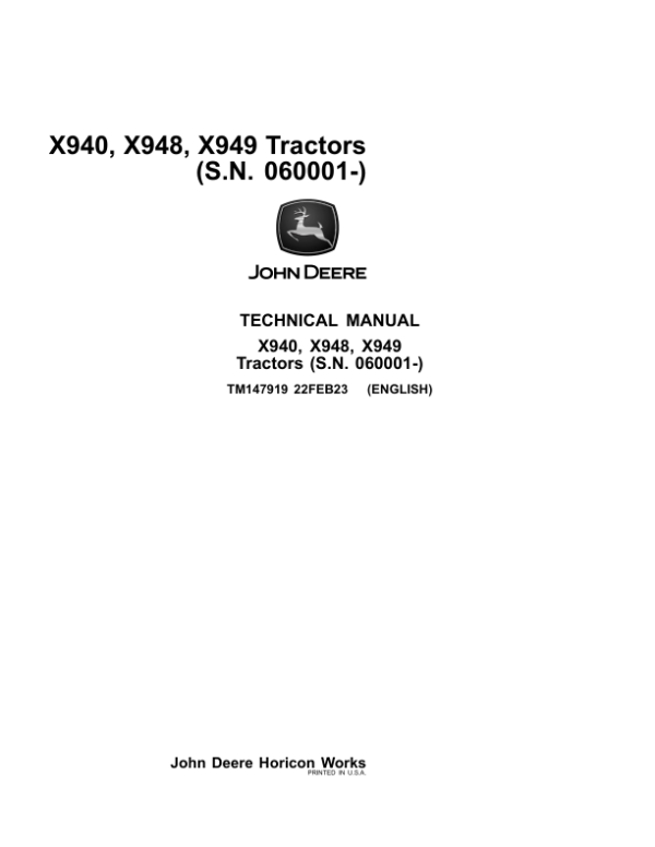 John Deere X940, X948, X949 Lawn Tractor Repair Manual (S.N 060001 - ) TM147919