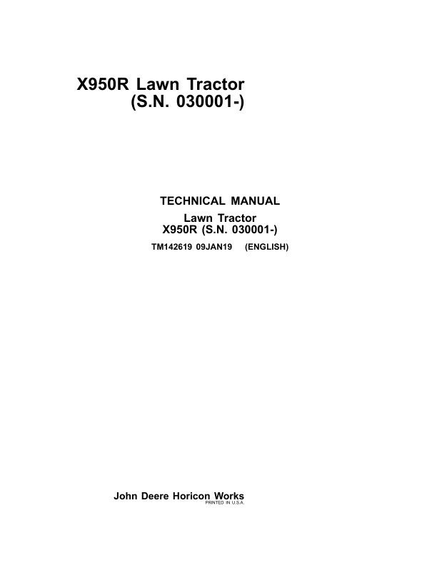 John Deere X950R Lawn Tractor Repair Manal (S.N 030001 – ) TM142619