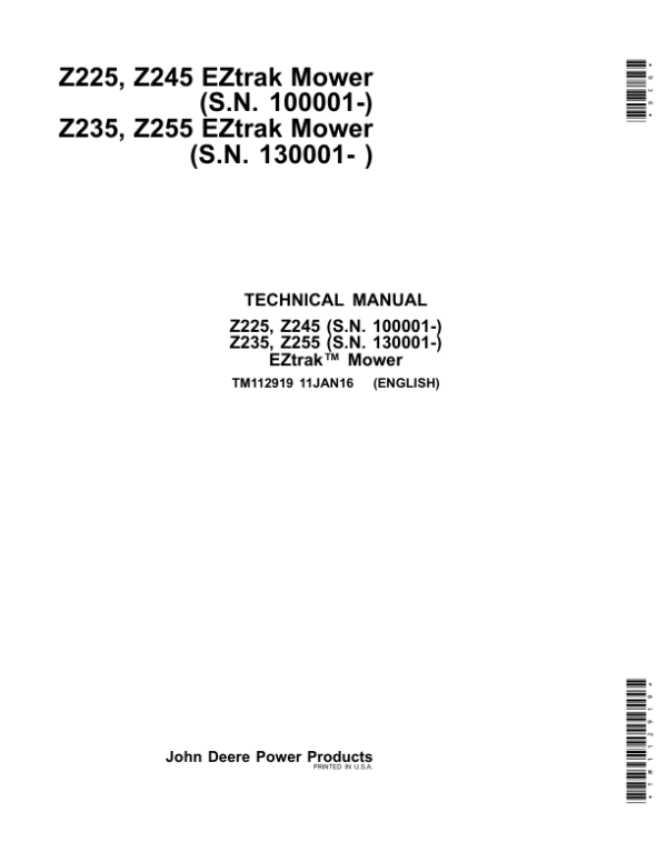 John Deere Z225, Z235, Z245, Z255 EZtrak Mower Repair Manual TM112919