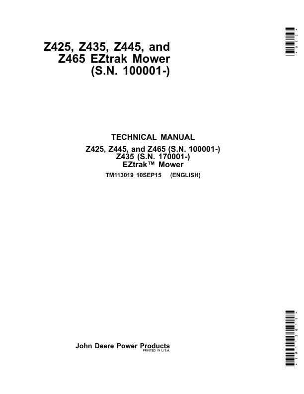 John Deere Z425, Z435, Z445, Z465 EZtrak Mower Repair Manual TM113019 (S.N. 100001-)