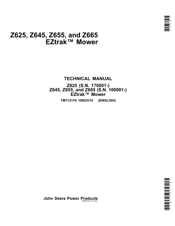 John Deere Z625, Z645, Z655, Z665 EZtrak Mower Repair Manual TM113119