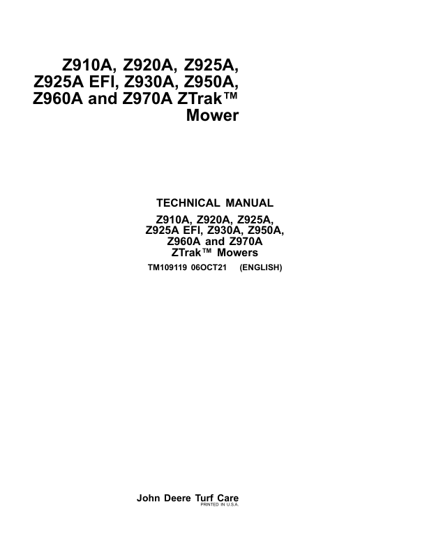 John Deere Z910A, Z920A, Z925A, Z925A EFI, Z930A, Z950A, Z960A, Z970A Mower Repair Manual
