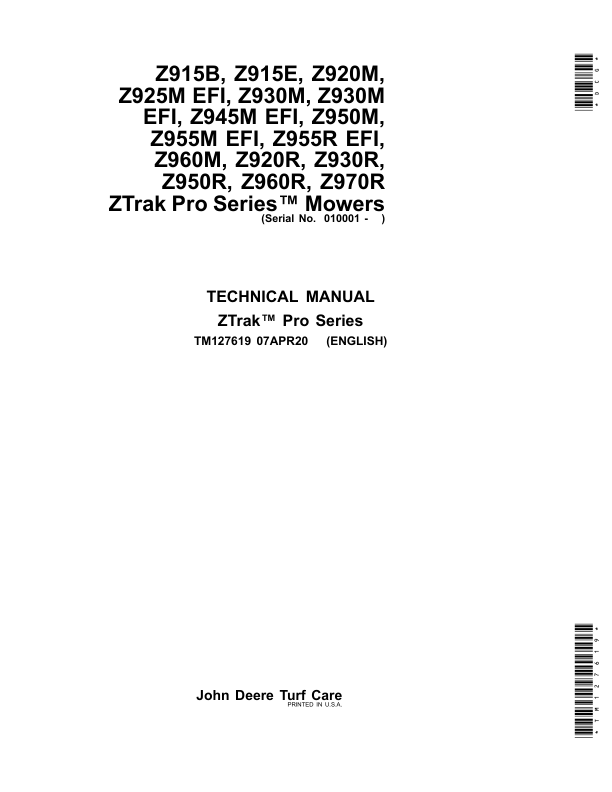 John Deere Z915B, Z915E, Z920M, Z925M EFI, Z930M, Z930M EFI, Z945M EFI Mower Repair Manual