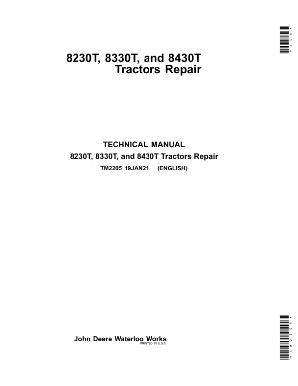 John Deere 8230T, 8330T, 8430T Tractors Repair Manual (TM2205 & TM2215)