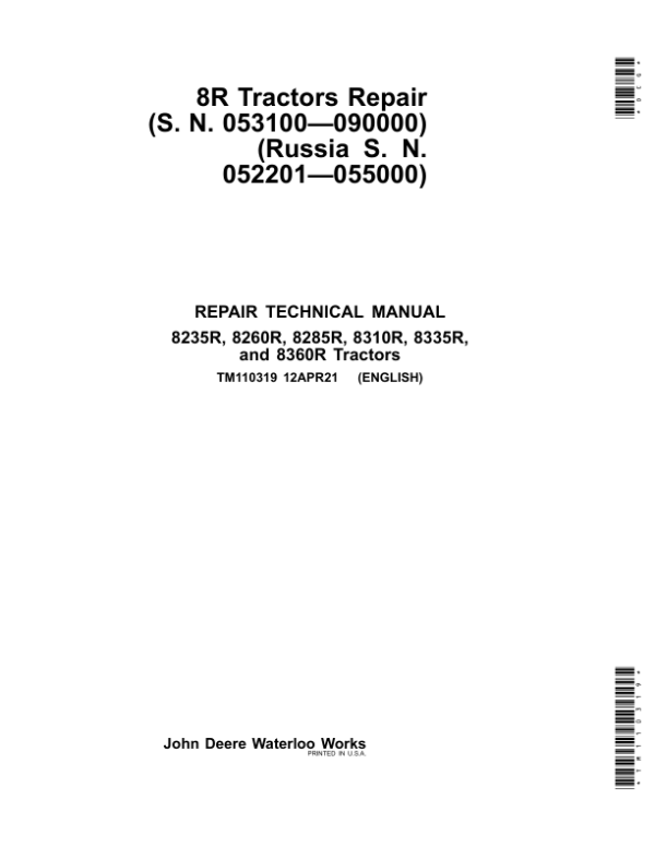 John Deere 8235R, 8260R, 8285R, 8310R, 8335R, 8360R Tractors Repair Manual (053100-090000)