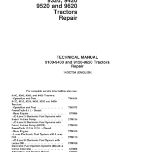John Deere 9100, 9200, 9300, 9400 Tractors Repair Manual (TM1623 & TM1624)