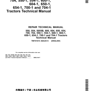 John Deere 5055B, 550, 554, 600, 604, 650, 654, 700, 704 Tractors Repair Manual (Asia)