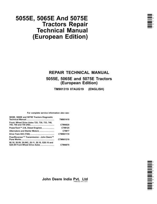 John Deere 5055E, 5065E, 5075E Tractors Repair Manual (Europe - TM901319 & TM901419)
