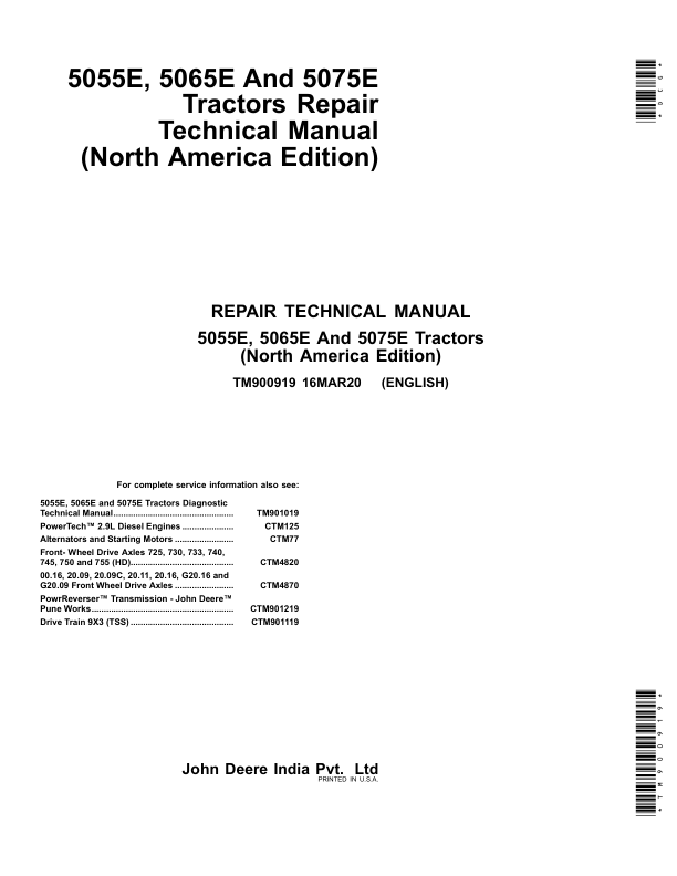 John Deere 5055E, 5065E, 5075E Tractors Repair Manual (North America, Start – MY2013)