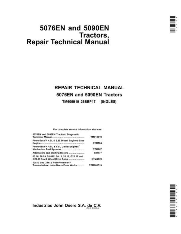 John Deere 5076EN, 5090EN Tractors Service Repair Manual