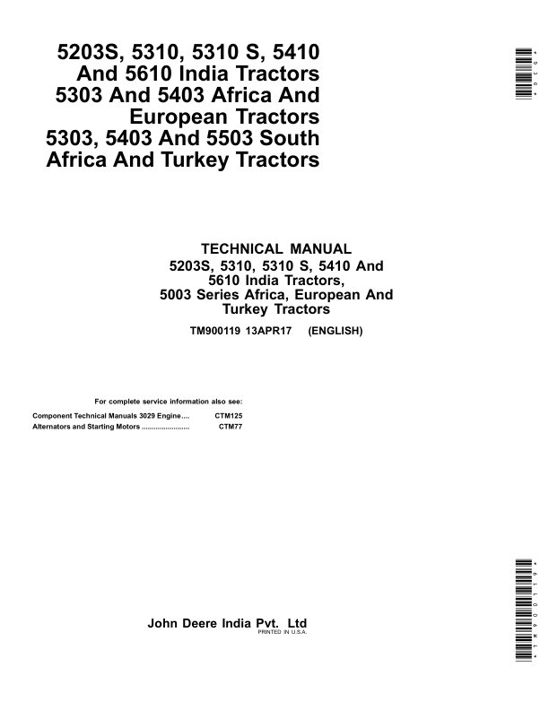 John Deere 5203S, 5310, 5310S, 5410, 5610 Tractors Tractors Repair Manual (India)
