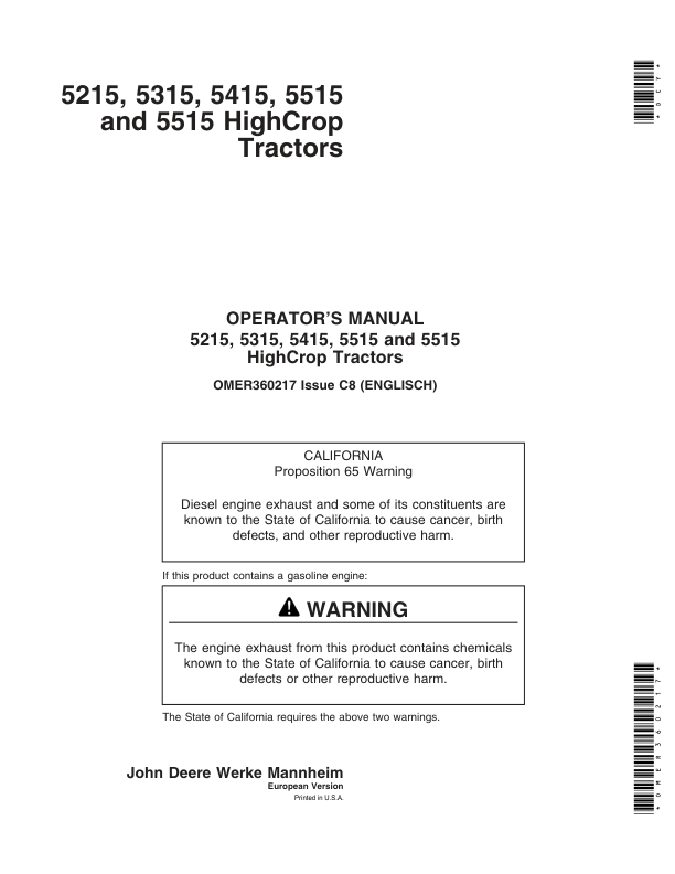 John Deere 5215, 5315, 5415, 5515, 5515 High Crop Tractors Repair Manual (Europe – TM4856)