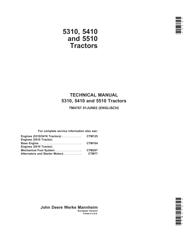 John Deere 5310, 5410, 5510 Tractors Service Repair Manual (Europe – TM4767)