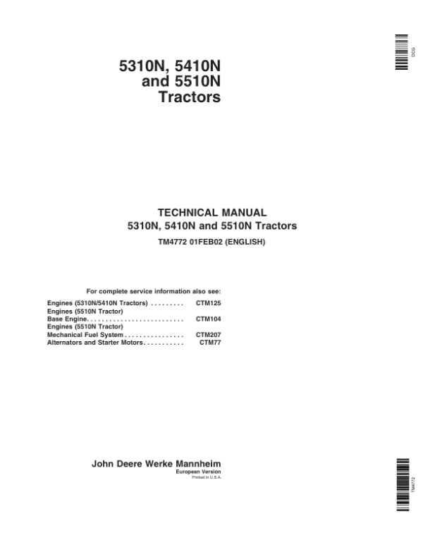 John Deere 5310N, 5410N, 5510N Tractors Service Repair Manual (Europe)