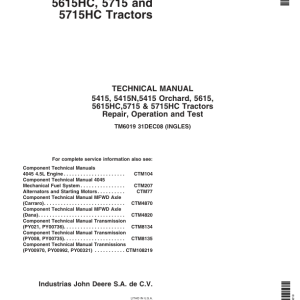 John Deere 5415, 5415 Narrow, 5415 Orchard, 5615, 5615HC, 5715, 5715HC Tractors Repair Manual