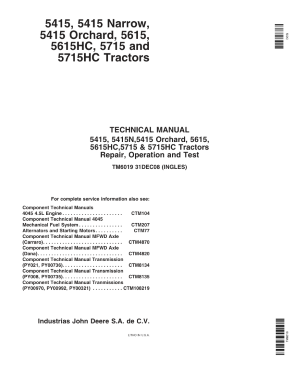 John Deere 5415, 5415 Narrow, 5415 Orchard, 5615, 5615HC, 5715, 5715HC Tractors Repair Manual