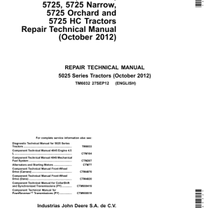 John Deere 5425, 5425 Narrow, 5425 Orchard, 5425 HC, 5625, 5625 HC Tractors Repair Manual