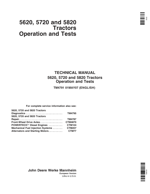 John Deere 5620, 5720, 5820 Tractors Service Repair Manual_TM4791_1
