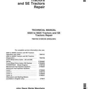 John Deere 6020, 6120, 6220, 6320, 6420, 6420S, 6520, 6620 Tractors Repair Manual