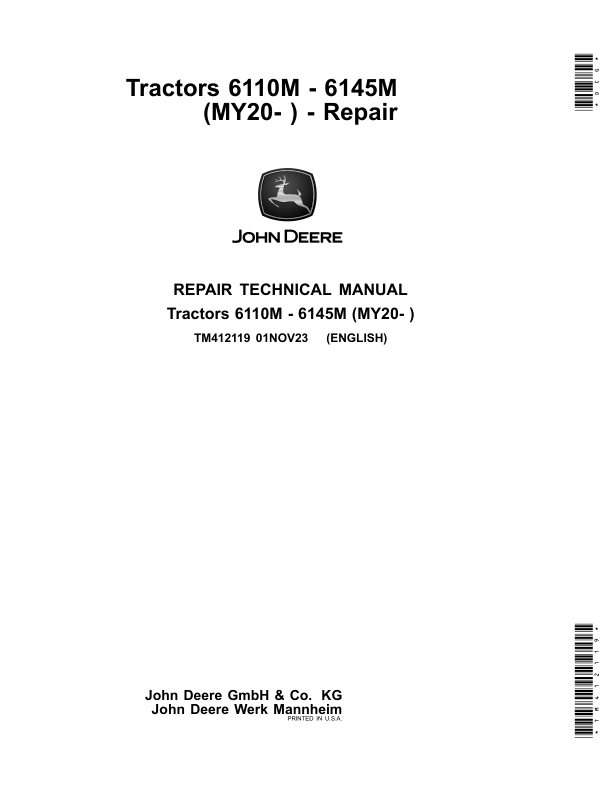 John Deere 6090M, 6100M, 6110M, 6120M, 6125M, 6130M, 6140M, 6145M Tractors Repair Manual (MY20 -)